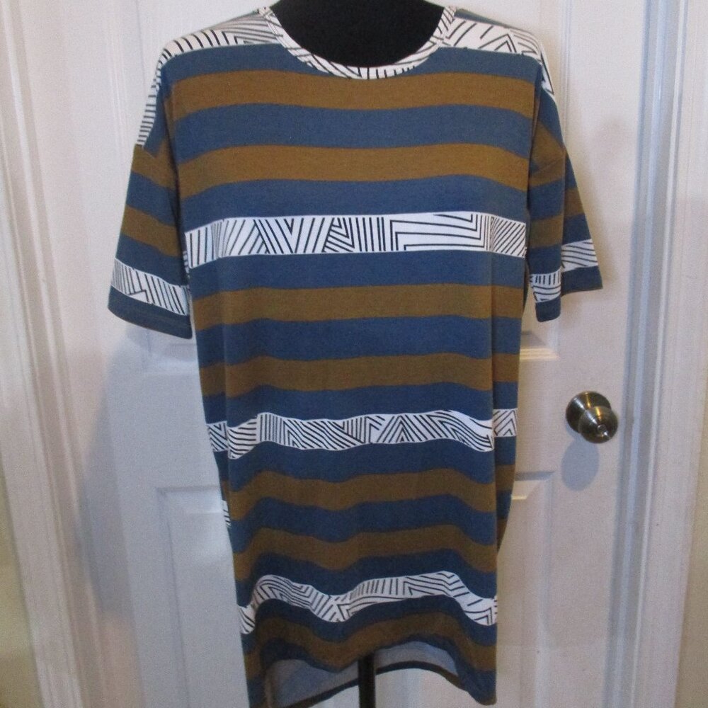 LuLaRoe Irma Blue Brown Black White Stripe Tunic XXS NWOT